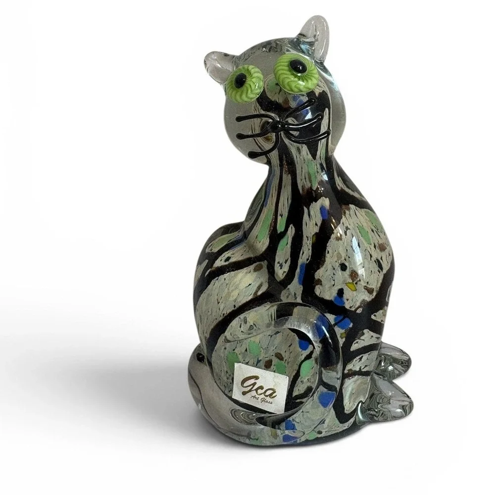 GCA Art Glass Cat Figurine Multicolor Confetti Swirl Green Eyes 6.5